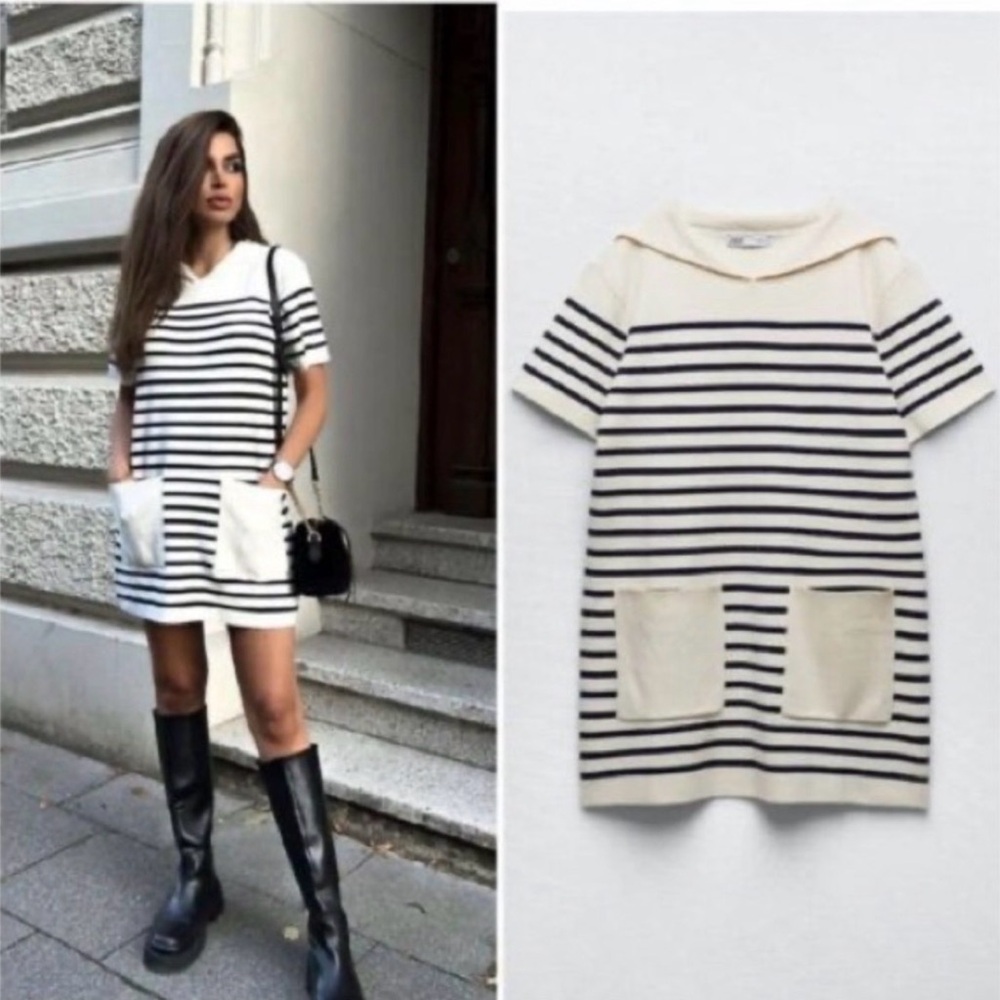 Zara Cream and Navy Striped Short-Sleeve Mini Knit Dress